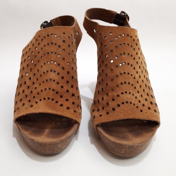 MIRABELLA Perforated Leather Platform Mules with Block Heel in Tan Suede Leather - Picture 2 of 11